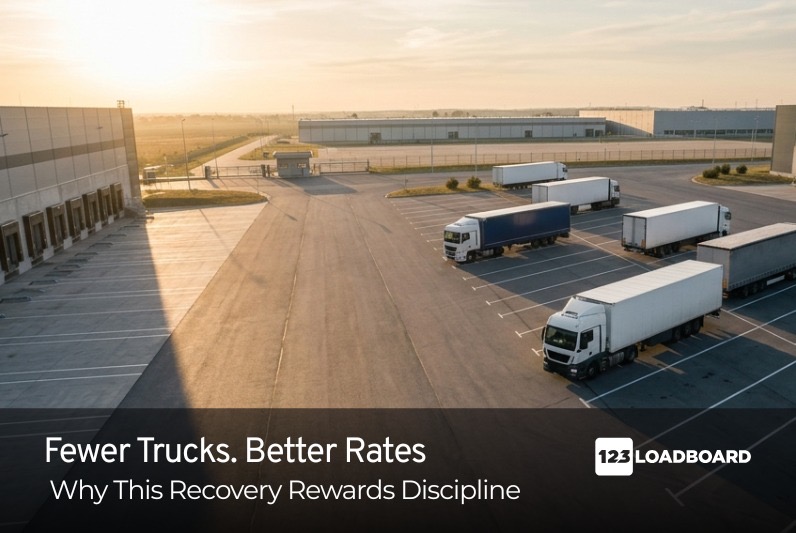 Freight Market Recovery 2026 Truck Yard Aerial view of a nearly empty truck yard at sunrise illustrating the capacity driven freight market recovery in 2026