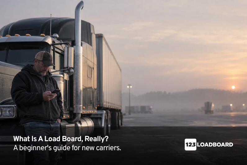 Owner operator standing by his truck at dawn, learning about load boards in trucking on his phone