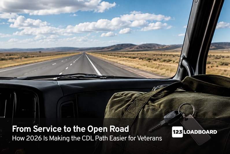 Military duffel bag and truck keys inside a semi-truck cab overlooking an open highway, representing veterans transitioning into trucking.
