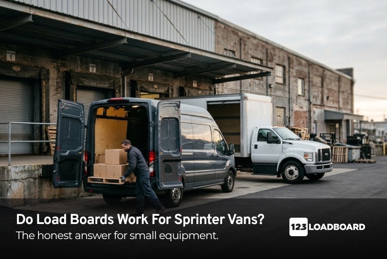 Driver loading boxes into a sprinter van next to a box truck at a loading dock, cover for a blog about the best load board for sprinter vans and box trucks
