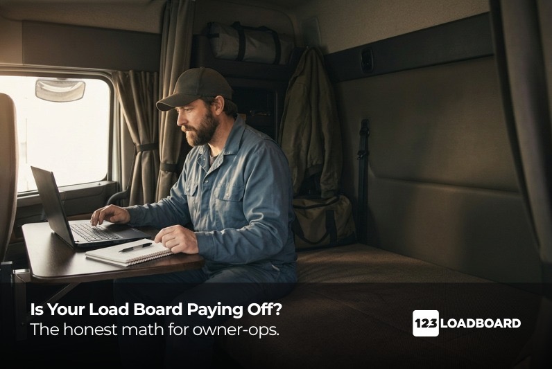 Owner-operator working on a laptop inside his truck cab, with the text "Is Your Load Board Paying Off? The honest math for owner-ops."