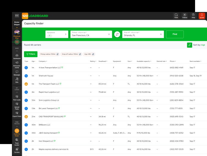 123Loadboard load search interface.