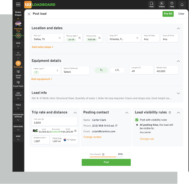 123Loadboard load search interface.