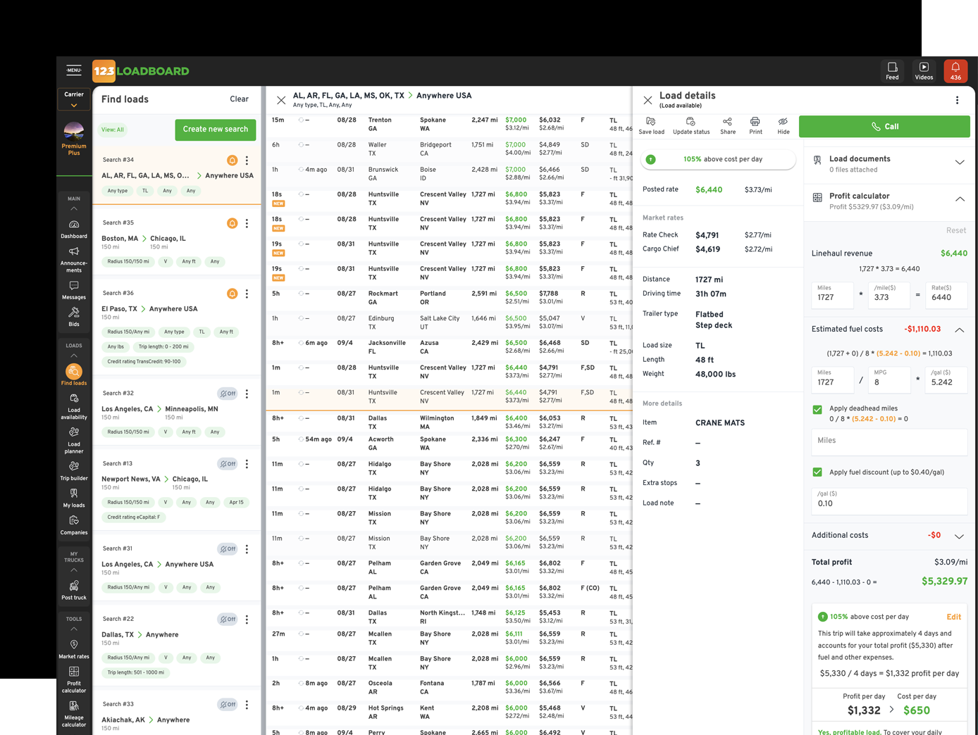 123Loadboard load search interface.