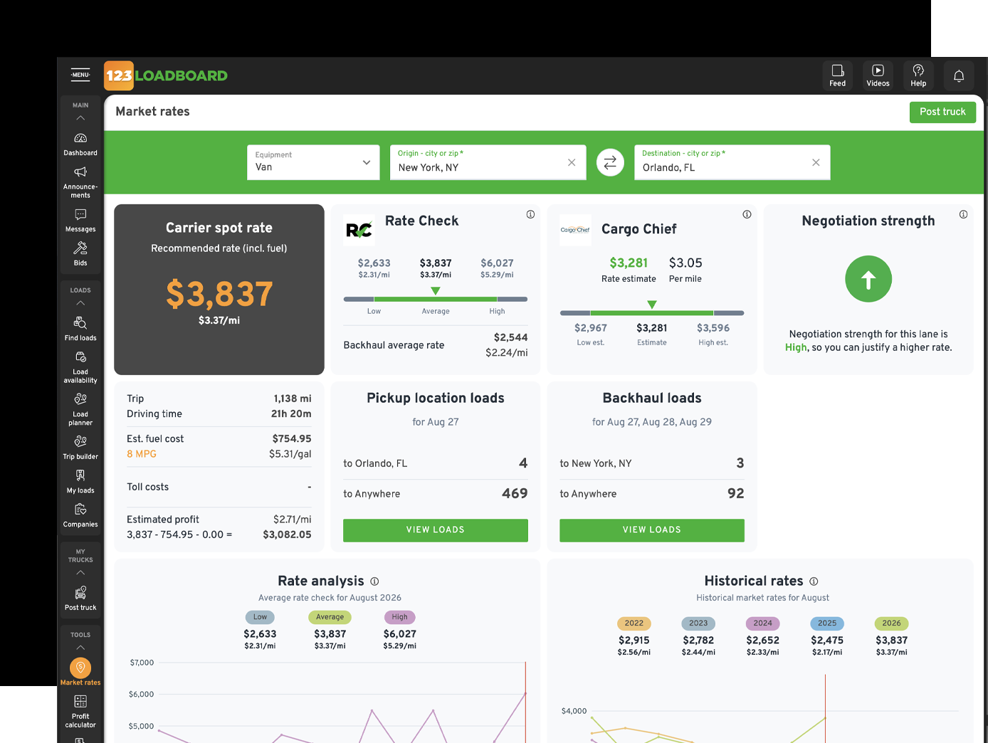 123Loadboard load search interface.