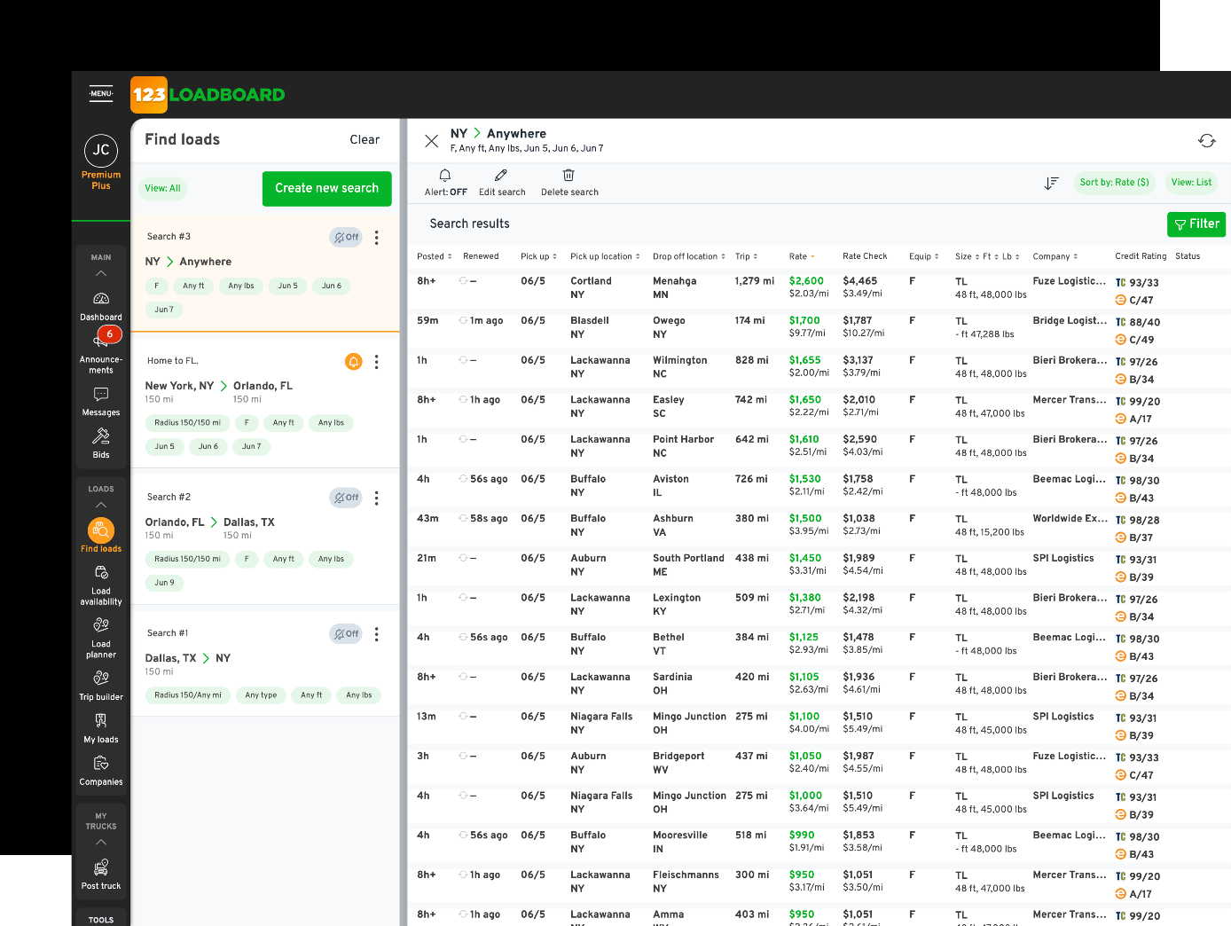 123Loadboard load search interface.