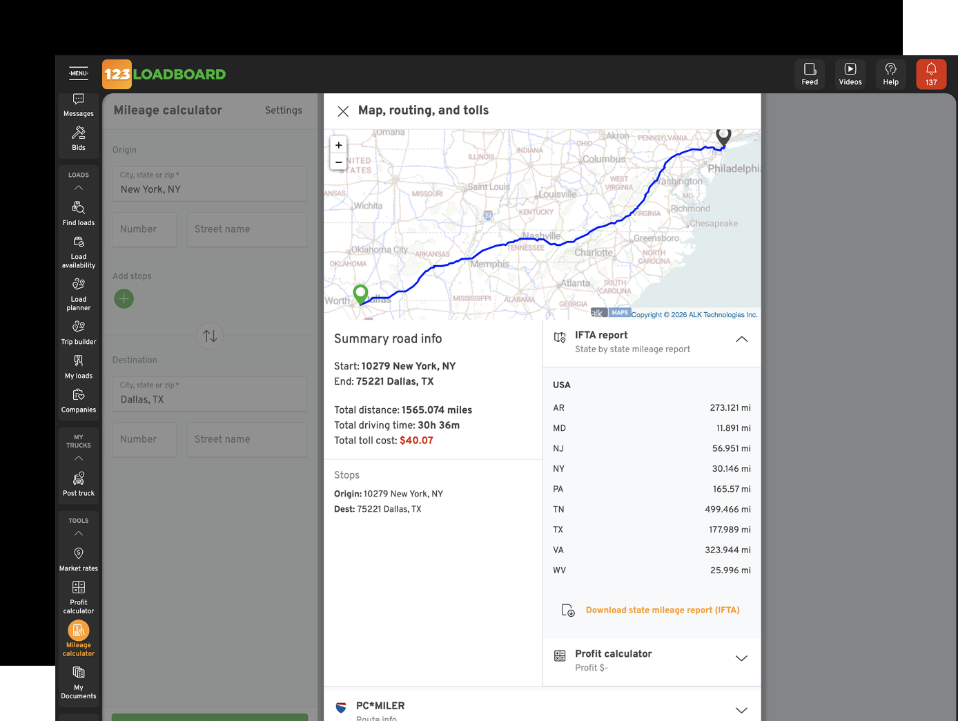 123Loadboard load search interface.
