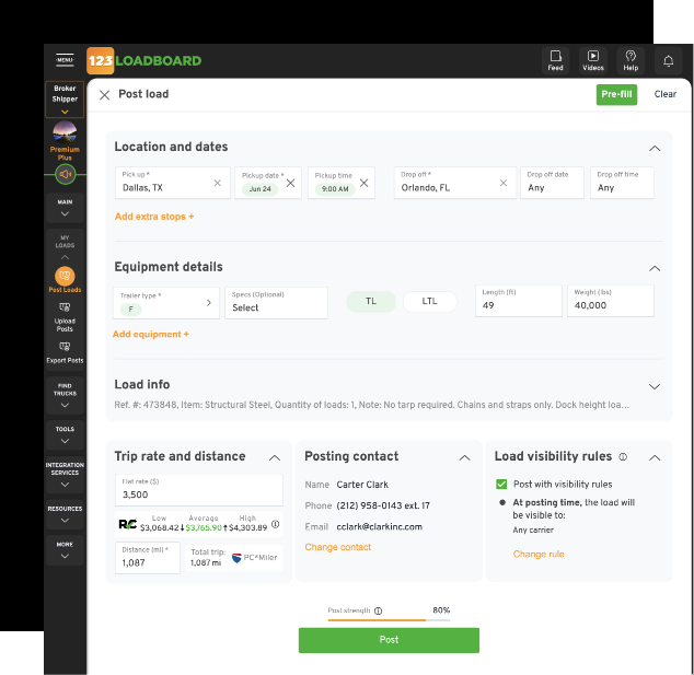 123Loadboard load search interface.