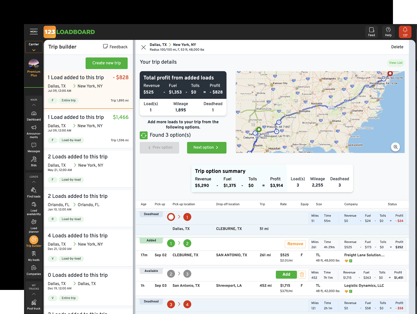 123Loadboard load search interface.