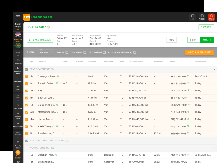 123Loadboard load search interface.