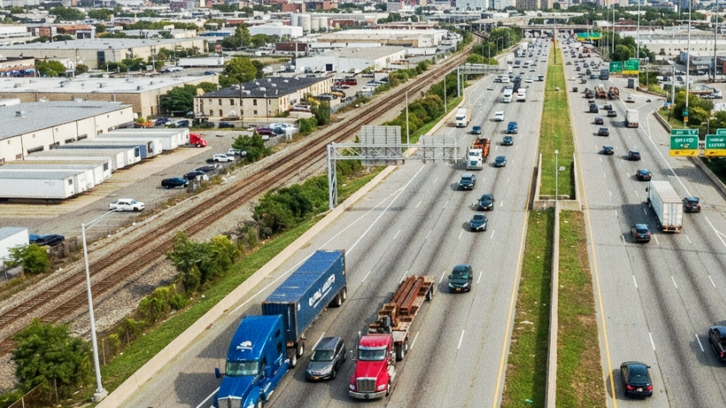 Truck driver using a mobile phone beside a semi-truck.