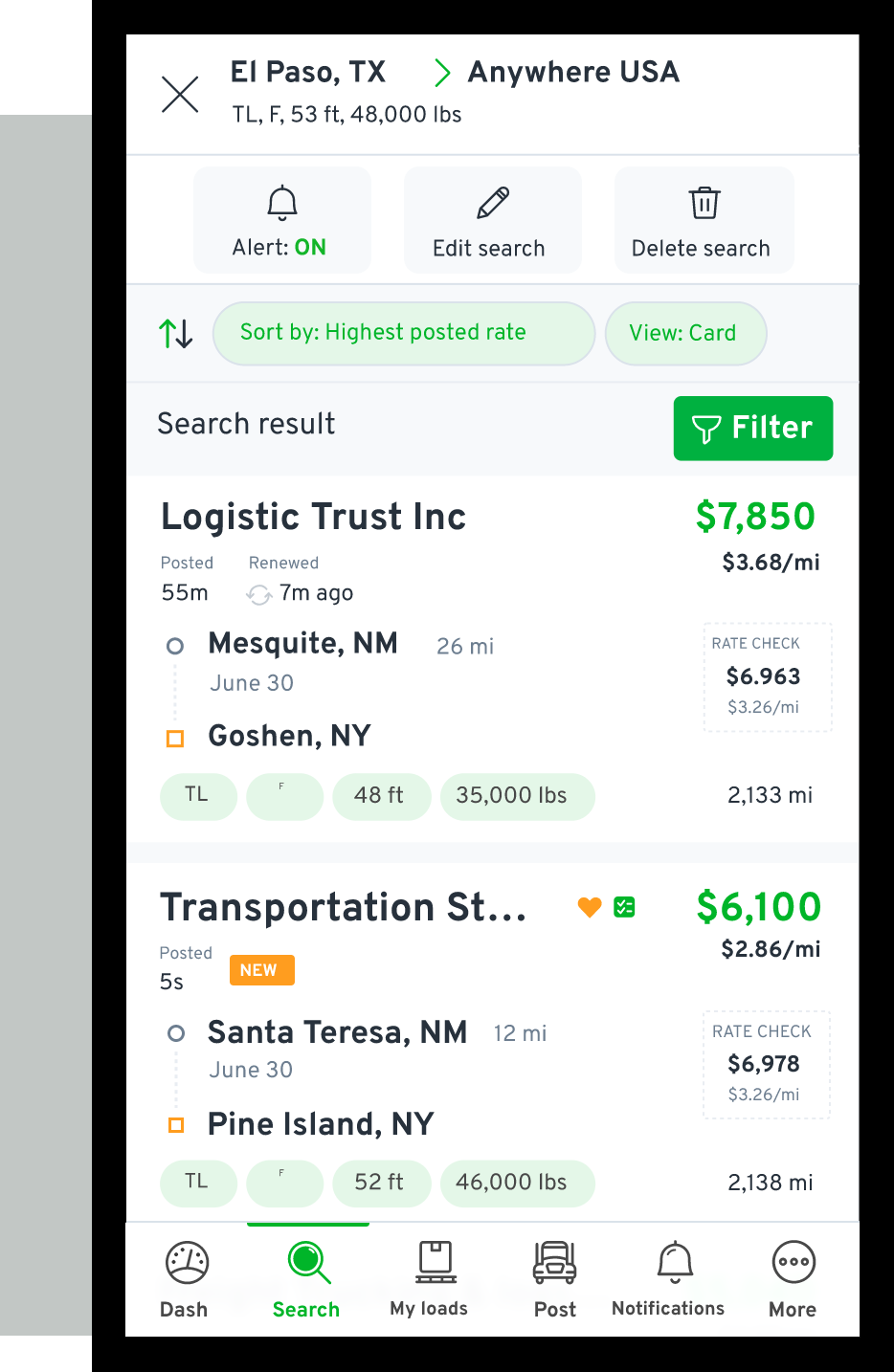 123Loadboard load search interface.