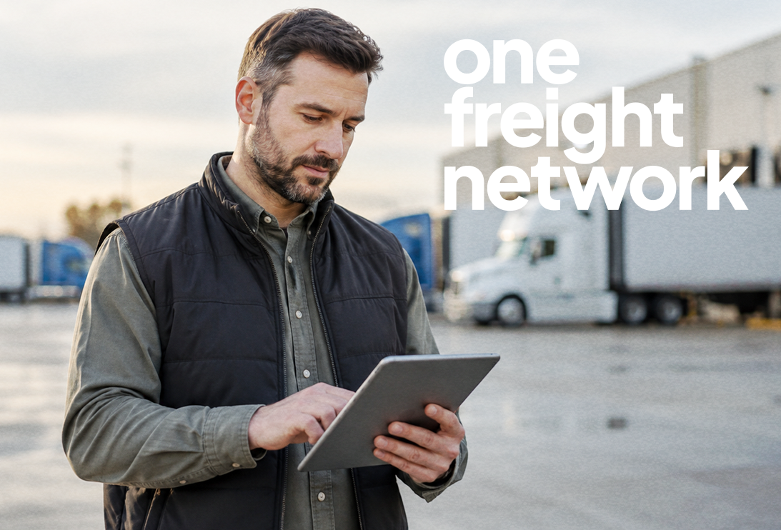 Truck driver using a mobile phone beside a semi-truck.